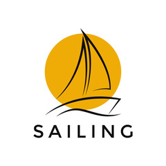 Sailboat Sailing Ship in Sea Ocean Wave With Sun Logo Design