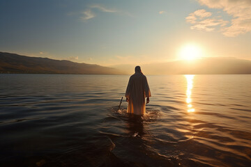 Fototapeta premium Culture and religious concept. Jesus Christ walking on water on sea of Galilee. Generative AI