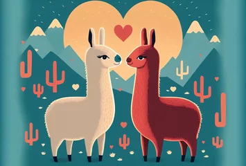 Foto op Canvas Romantic animals couple love lamas dating desert © Larisa