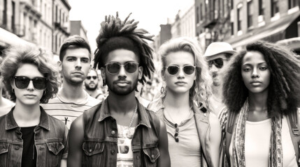 People of NY Street Photography. Summer in NYC; a diverse crowd of hipsters paint a black and white mosaic, each contributing their unique style and spirit. Generative AI