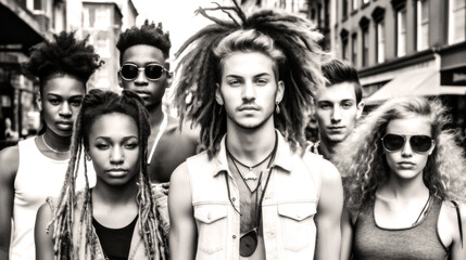 People of NY Street Photography. Summer in NYC; a diverse crowd of hipsters paint a black and white mosaic, each contributing their unique style and spirit. Generative AI