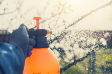 spraying the garden from pests and diseases with a pulverizer - obrazy, fototapety, plakaty