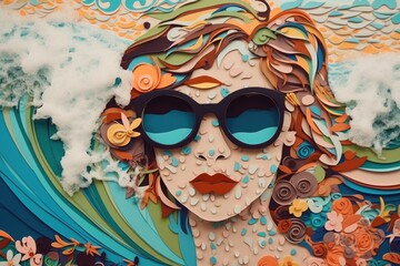 Fashion Girl with Sun Glasses with waves around. Retro Effect. Generative AI