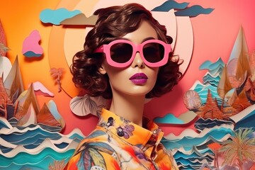 Fototapeta na wymiar Fashion Girl with Sun Glasses in the beach. Retro Effect. Generative AI