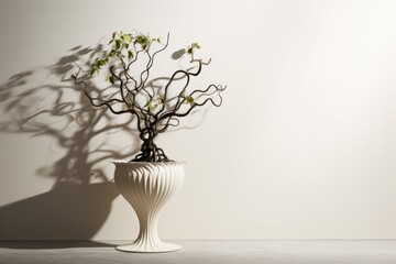 Stylish, modern vase filled with cascading vines, placed on a minimalist pedestal table, against a blank backdrop.