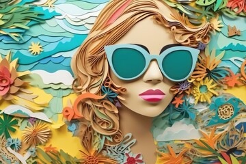 Fashion Girl with Sun Glasses in the beach. Retro Effect. Generative AI