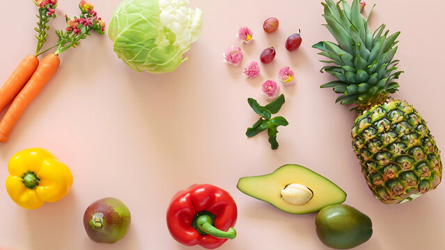 Top view image of  fruits, and vegetables composition over pastel background generative Ai Technology