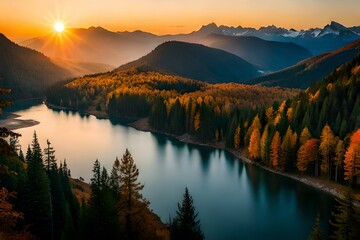 Sunrise over Swiss mountains in autumn. Generative AI

