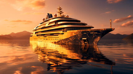 Fototapeta na wymiar A luxury mega yacht with golden glass in the ocean at a sunset. Generative AI