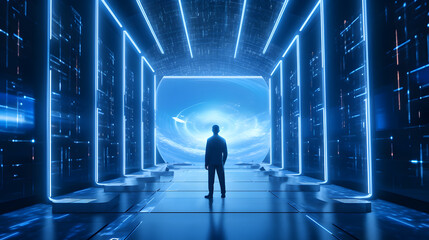 Man Standing in Front of Futuristic Technology Rectangle Hall with Mesmerizing Interior Design - Generative AI 