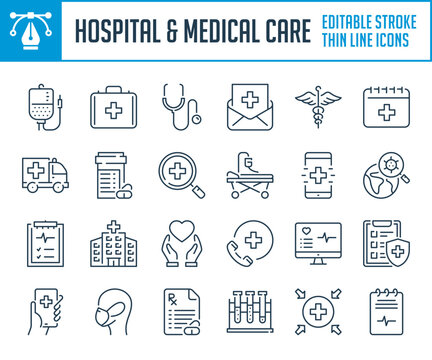 Hospital and Medical care thin line icons. Healthcare and Medicine outline icon set. Editable stroke icons.