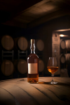 Aged golden fortified wine in the bottle and glass on background of wooden barrels in cellar of winery. AI generated.