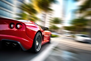 Fototapeta na wymiar Red Sports car riding on highway road. Car in fast motion. Fast-moving car. Fast-moving supercar on the street. 
