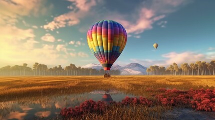 Hot air balloon over the field with beautyful aurora generative ai