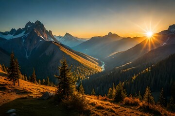  sunset in the mountains , autumn forest in the morning