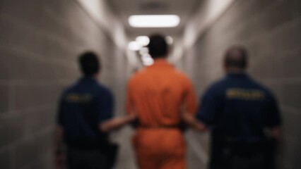 Prison guards lead convicted man in prison, prisoner wearing orange jumpsuit in handcuffs, shackles walking to prison cell. Cop, police, inmate, convicted, crime, criminal, handcuffed, arrested. - Powered by Adobe