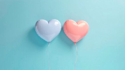 Fototapeta na wymiar Two heart shaped balloons on pastel blue background. Valentines day concept.AI Generated