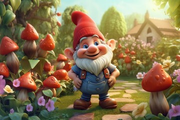 cartoon illustration, a cute gnome in the garden, ai generative