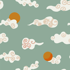 Oriental clouds seamless pattern, textured clouds, suns on greenish sky background. Asian style nature repeated backdrop