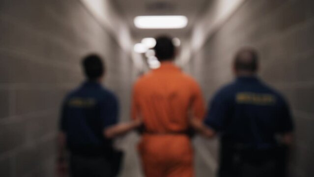 Prison guards lead convicted man in prison, prisoner wearing orange jumpsuit in handcuffs, shackles walking to prison cell. Cop, police, inmate, convicted, crime, criminal, handcuffed, arrested.
