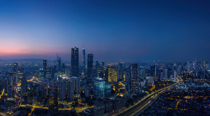 Fototapeta na wymiar Aerial view of peaceful city before sunrise