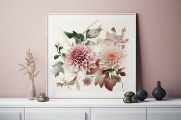Contemporary 3D floral artwork on a light backdrop in a modern frame. Generative AI