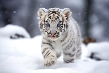 Obraz premium cartoon illustration, a cute tiger running in the snow, ai generative