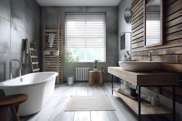 Eco style interior of bathroom in modern country house. AI generated