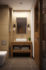 Fototapeta na wymiar Eco style interior of bathroom in modern country house. AI generated