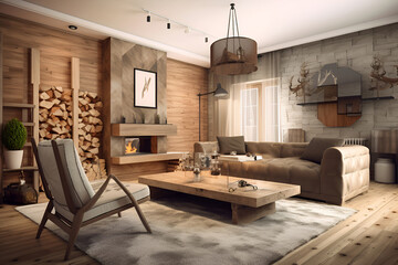Classic eco style interior of living room in modern house. AI generated