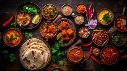 Assorted various Indian food on a dark rustic background. Generative AI