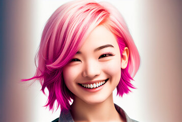 Generative AI illustrtaion of a Young Asian woman with pink hair smile happy face portrait