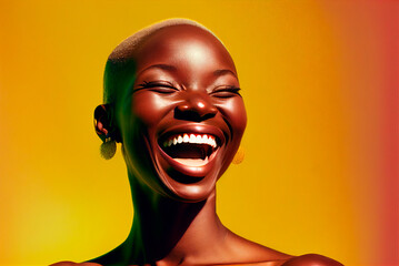 Generative AI illustration of a Happy optimistic African woman laughing isolated on yellow background