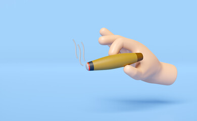 3d hand holding cigar with smoking isolated on blue background. 3d render illustration
