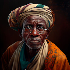 Generative AI illustration of a portrait of senior african villager man with turban and serious gesture with glasses
