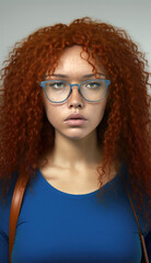 Generative AI illustration of a serious female with curly ginger hair and freckles wearing blue shirt and glasses
