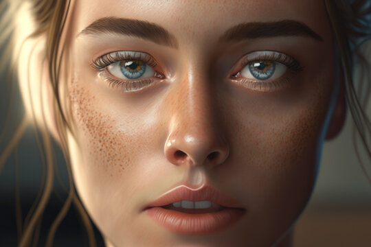 Generative AI illustration of a portrait of a young and sensual woman with freckles, blonde hair and blue eyes, very beautiful and looking at the camera, soft and side lighting