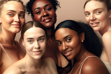 Generative AI illustration of a Portrait of a group young multiracial women standing together and smiling at camera isolated over brown background