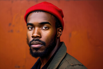 Obraz premium Generative AI illustration of a Portrait of an serious african man with short beard and closed eyes wearing a red woolen cap and black work jacket, on colorful brown wall looking at camera