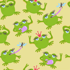 Vector seamless pattern with cute frogs on light beige background.