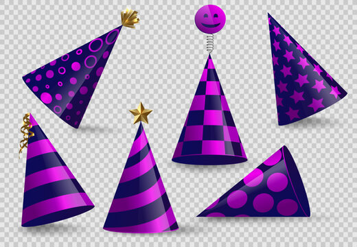 Party cone hat set isolated on transparent background. Birthday festive hat collection in different positions, angles. Vector fun decoration. Blue pink party luxury surprise costume icon