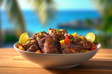 A bowl of spicy Caribbean jerk chicken