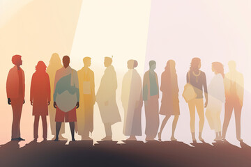 Illustration of a group of unknown diverse people.. Generative AI.