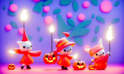 Fototapeta premium background image Pumpkins in pastel tone cute are celebrate the halloween festival 3d glowing. Happy Halloween pumpkins, cute ghost, trick fantasy fun party, Online, Generative AI, illustration.