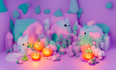 background image Pumpkins in pastel tone cute are celebrate the halloween festival 3d glowing. Happy Halloween pumpkins, cute ghost, trick fantasy fun party, Online, Generative AI, illustration.