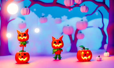 Obraz na płótnie Canvas background image Pumpkins in pastel tone cute are celebrate the halloween festival 3d glowing. Happy Halloween pumpkins, cute ghost, trick fantasy fun party, Online, Generative AI, illustration.