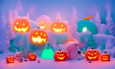 Fotobehang background image Pumpkins in pastel tone cute are celebrate the halloween festival 3d glowing. Happy Halloween pumpkins, cute ghost, trick fantasy fun party, Online, Generative AI, illustration. © Nitiphonphat
