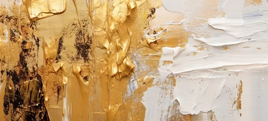 Foto auf Acrylglas Closeup of abstract rough gold white art painting texture, with oil brushstroke, pallet knife paint on canvas (Generative Ai) © Corri Seizinger