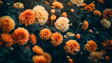 Fototapeta na wymiar Close up of blooming flowerbeds of amazing apricot orange color flowers on dark moody floral textured background. Generative AI