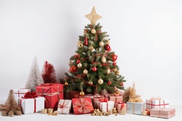 Festive tree with gifts on a white background.